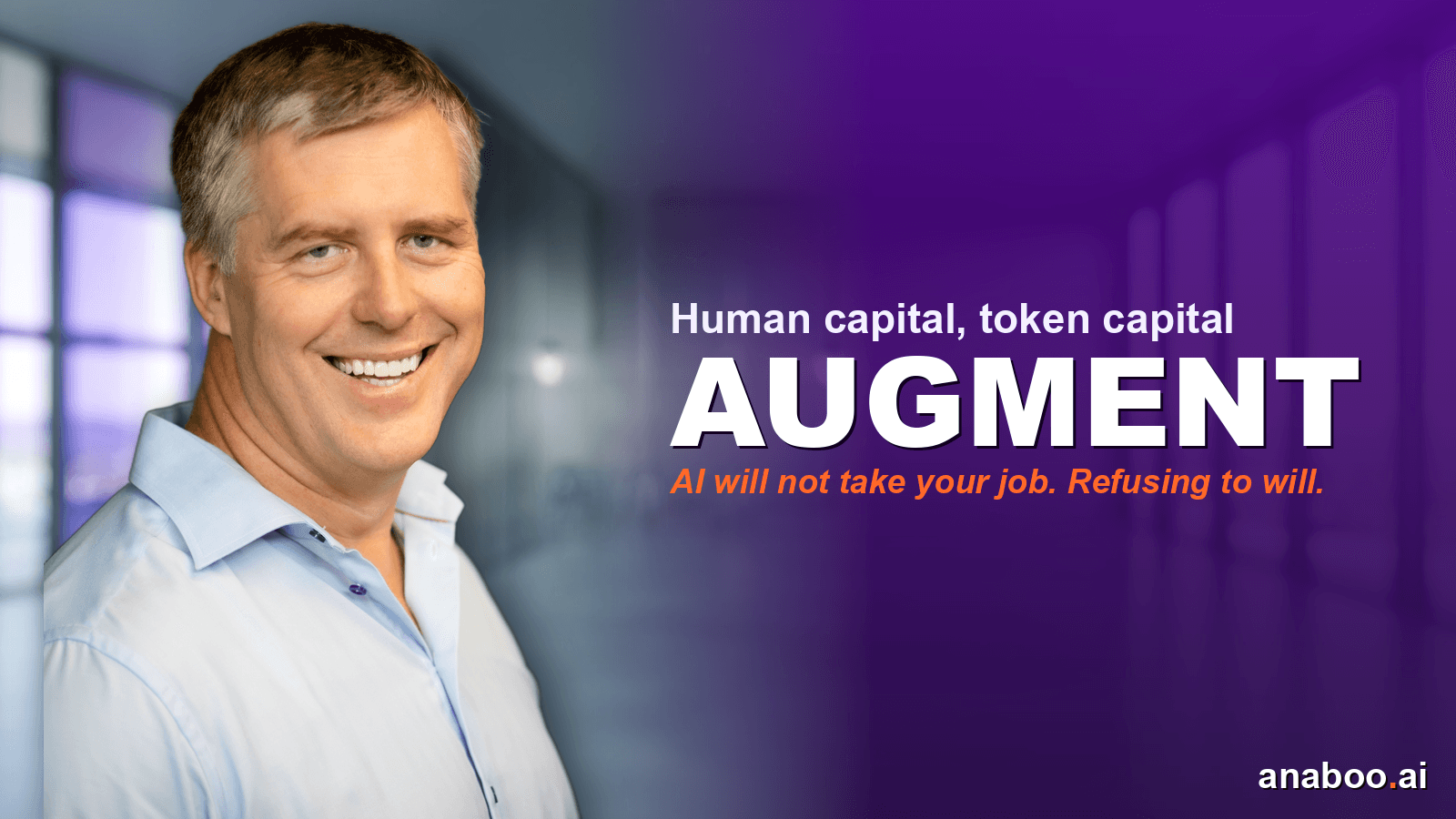 Brett Alegre-Wood beside bold white text reading Augment, on a deep purple gradient, for an article on human capital, token capital and augmenting your firm with AI.
