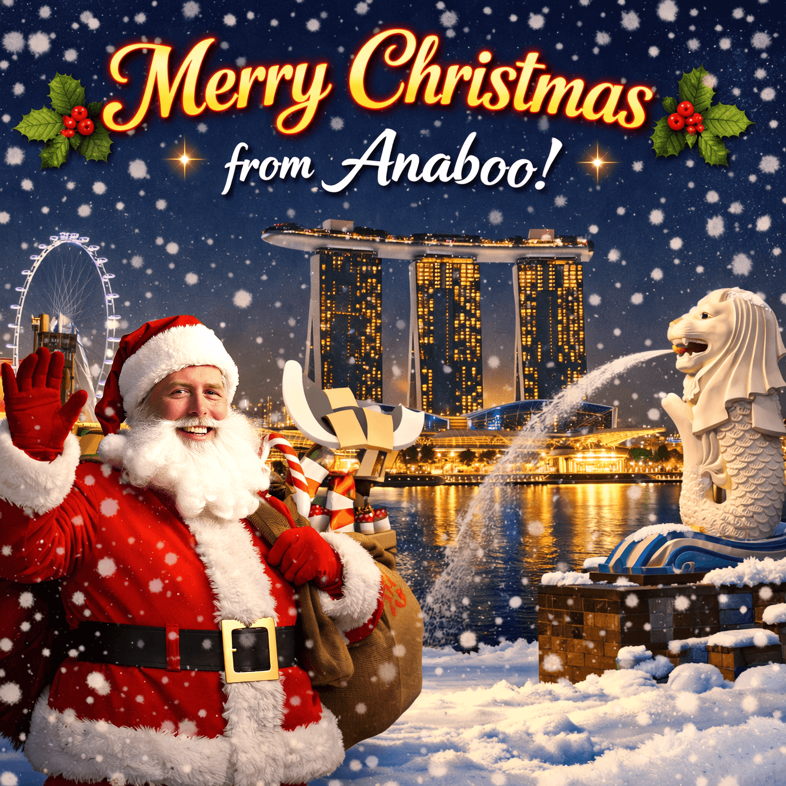 Brett as Santa, an AI face swap, wishing you a Merry Christmas from Anaboo AI.