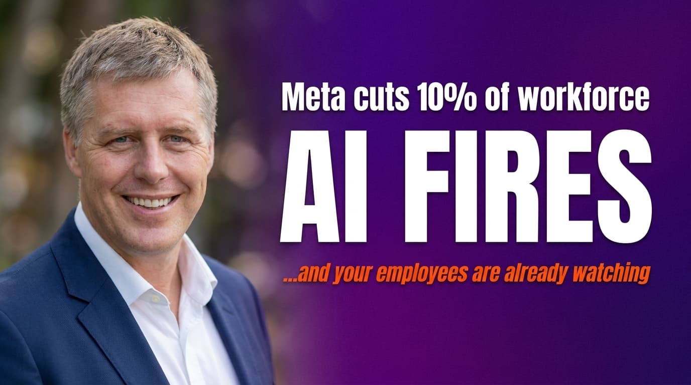 Business leader reading news of Meta AI-driven layoffs, with bold text overlay on workforce impact and algorithmic management risks