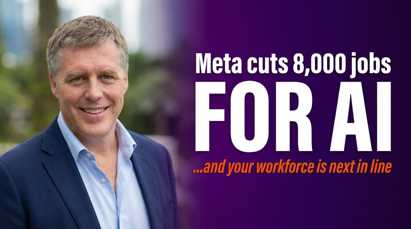 Brett Alegre-Wood against dark background with headline Meta Just Cut 8000 Jobs for AI