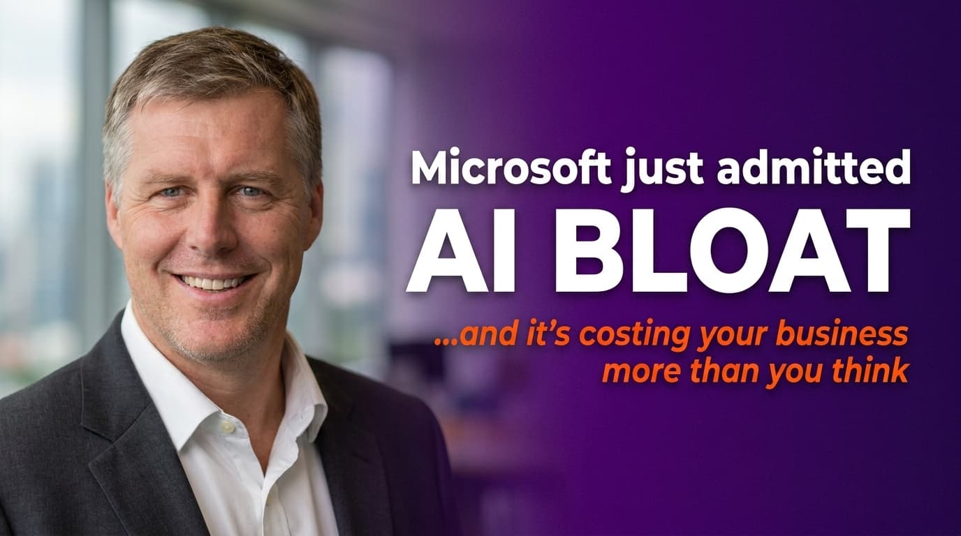 Brett Alegre-Wood against a dark background with headline text about Microsoft's Copilot retreat and AI bloat costing businesses