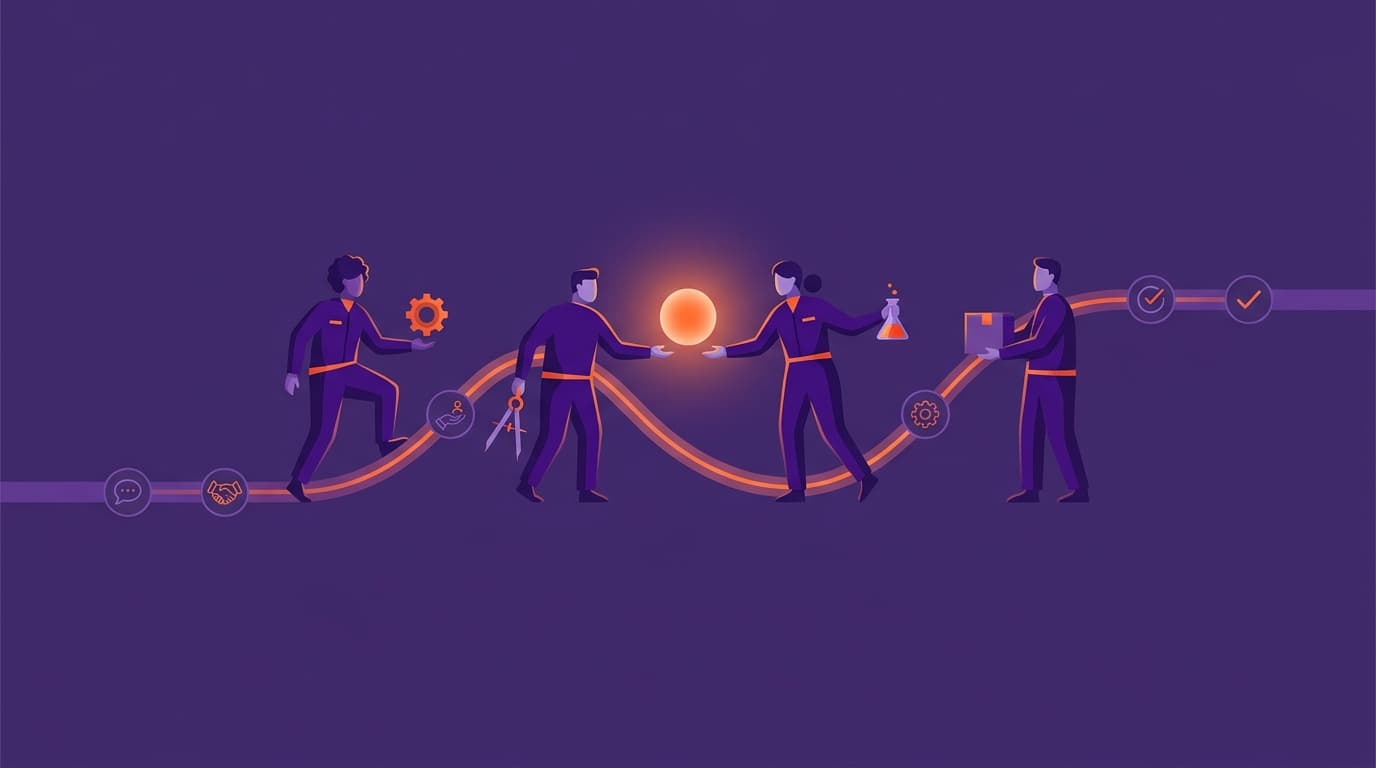 A small team of specialists passing one glowing task between them along a clean relay line, completing a business process end to end.