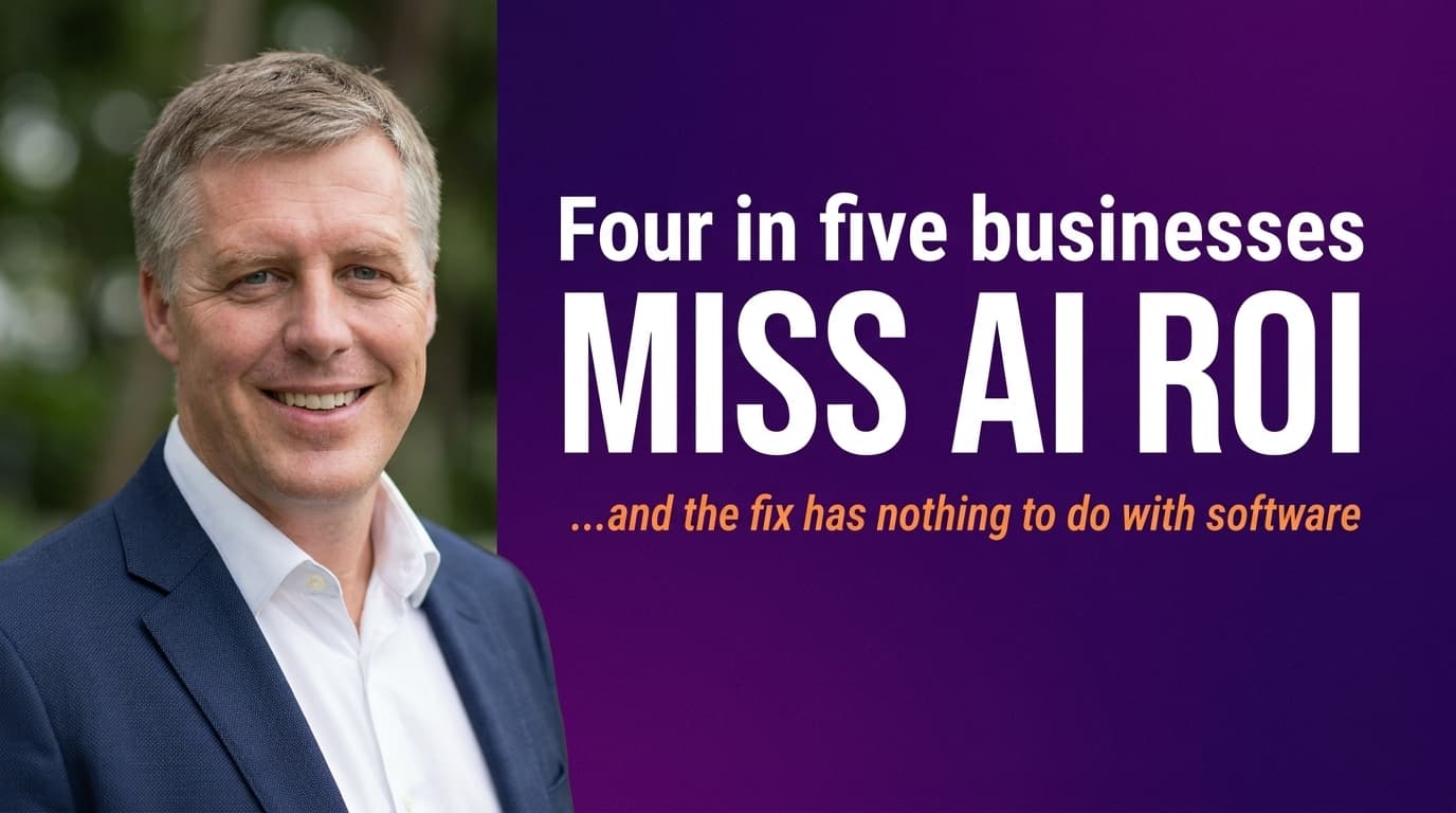 Brett Alegre-Wood presenting statistics showing only 21% of businesses achieve meaningful AI return on investment