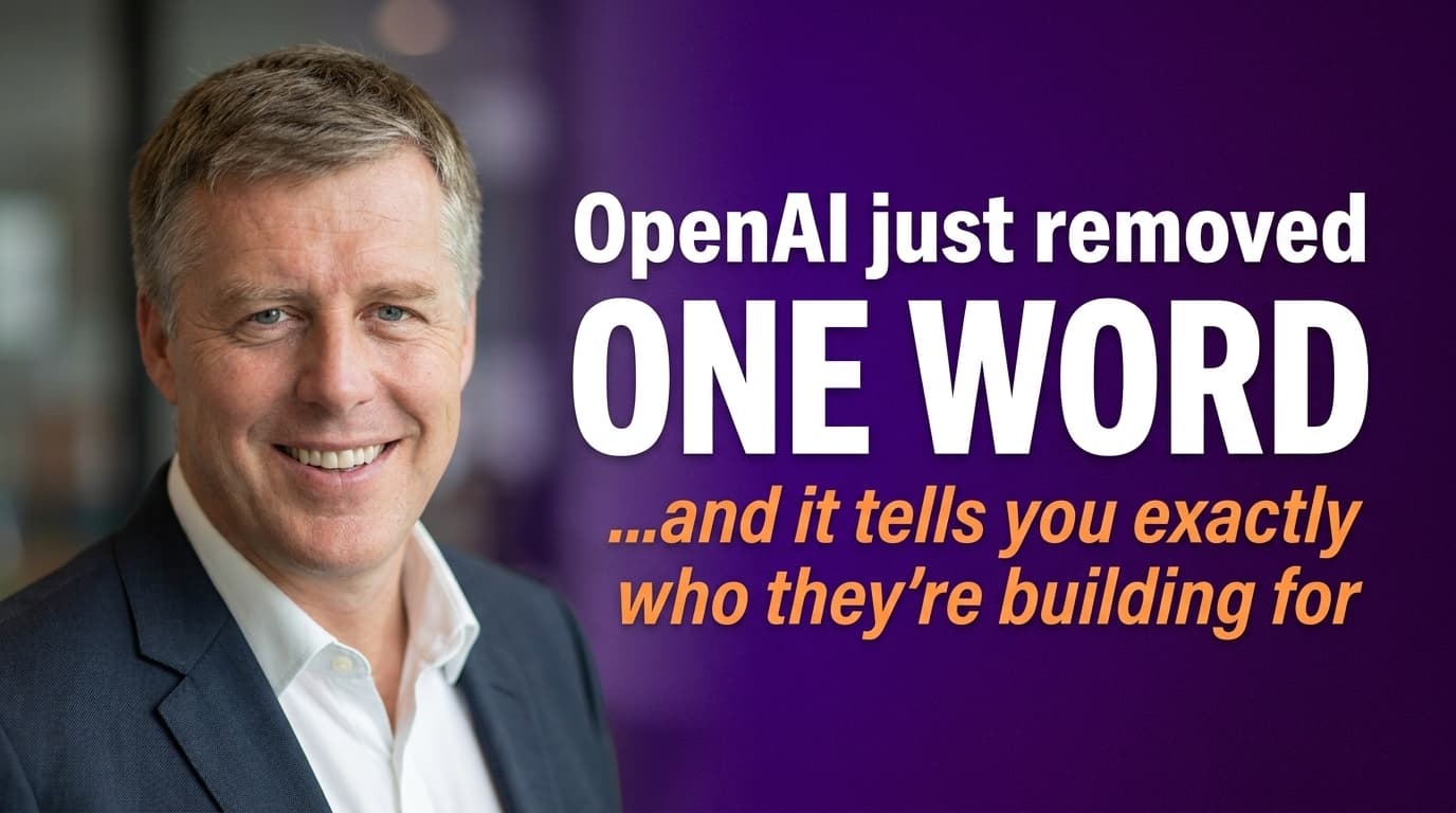 Brett Alegre-Wood with headline overlay: OpenAI drops 'safely' from mission statement, what SMEs need to know