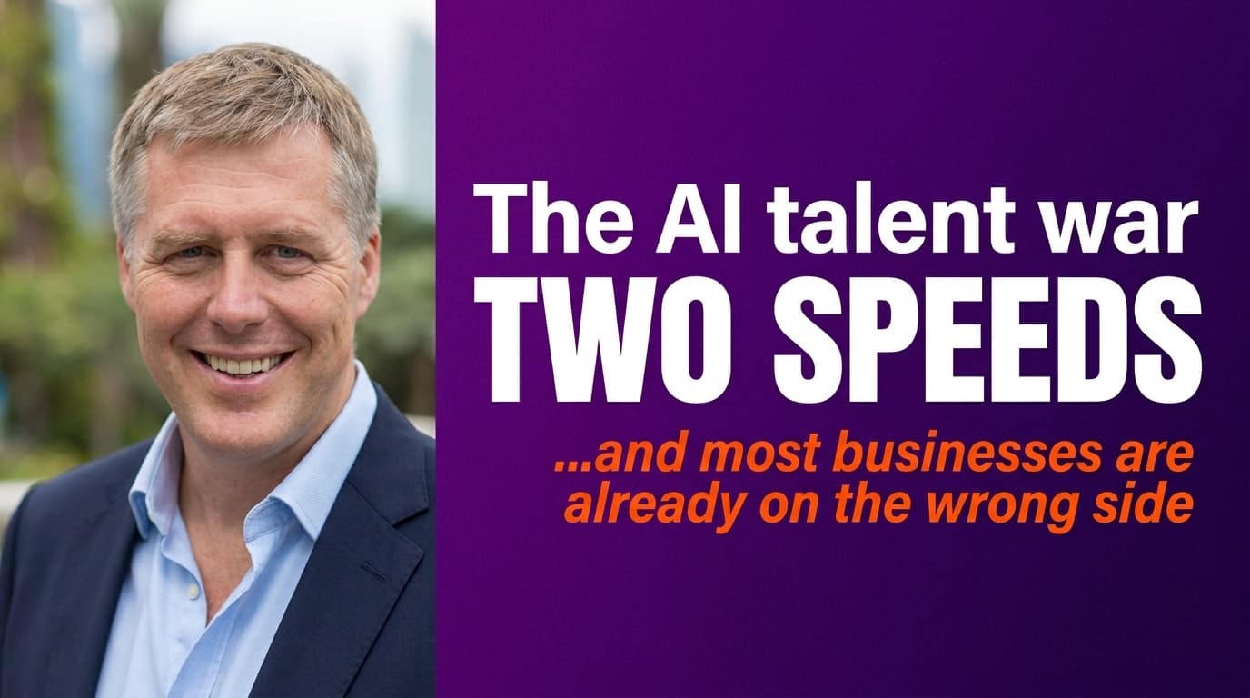 Brett Alegre-Wood presenting on AI workforce disruption with headline: OpenAI hiring 4,000 people while your AI skills gap widens