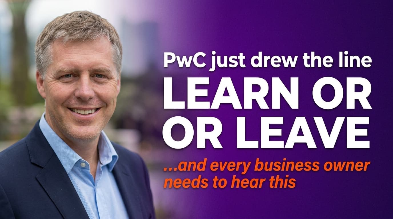 Brett Alegre-Wood standing confidently with headline text: PwC told partners to learn AI or get replaced