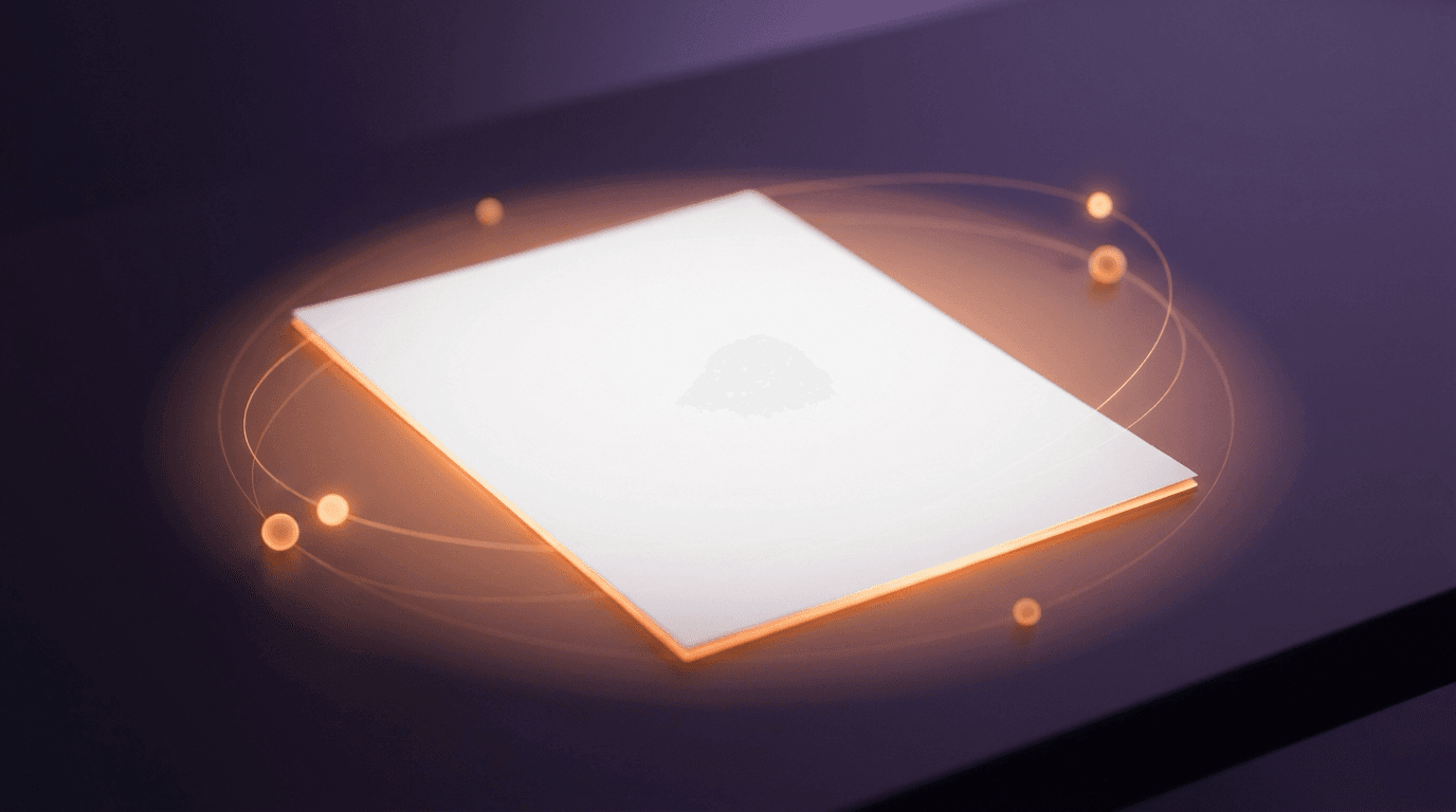 A single sheet of paper on a clean desk, lit in deep purple and bright orange, suggesting one simple guiding rulebook for a small team
