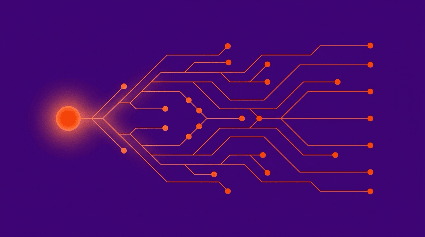 Abstract editorial illustration of a single glowing node branching outward into a clean, ordered network of connected nodes