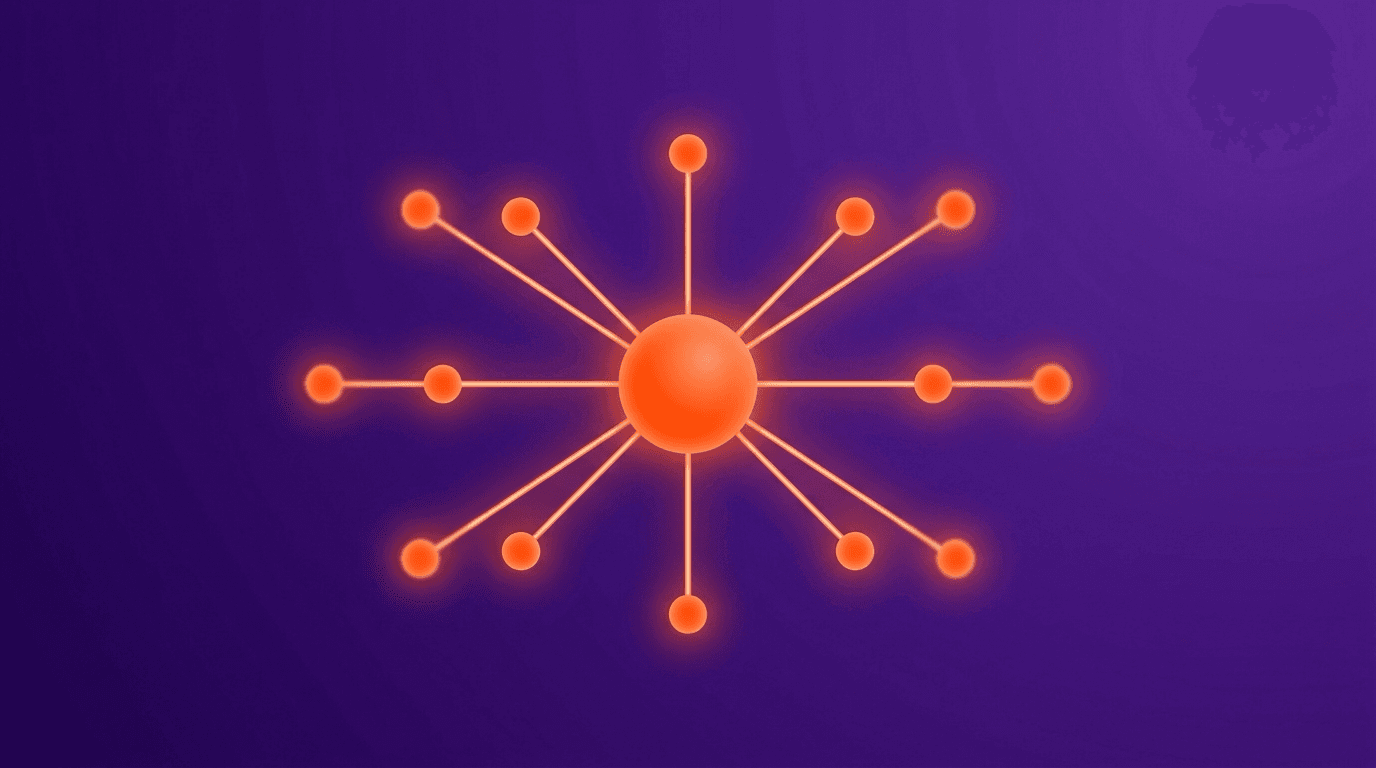 A network of identical glowing nodes connected by clean lines radiating from a central hub, in deep purple and bright orange