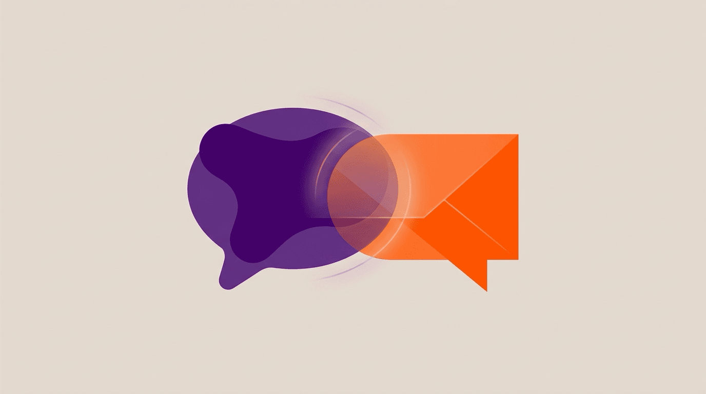 Abstract conceptual illustration of two overlapping speech bubbles, one human and one machine, in deep purple and bright orange