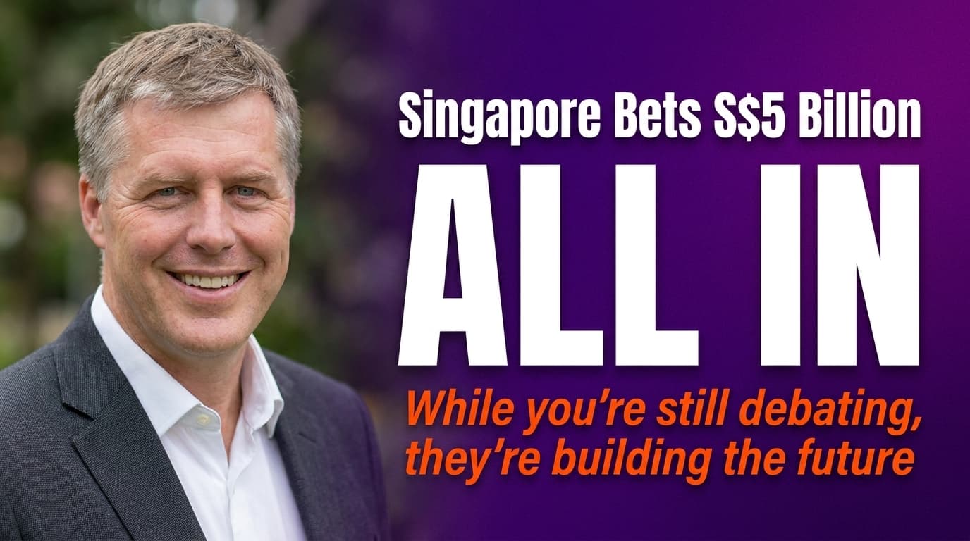 Brett Alegre-Wood against a data centre backdrop with headline about Singapore's S$5 billion AI infrastructure bet
