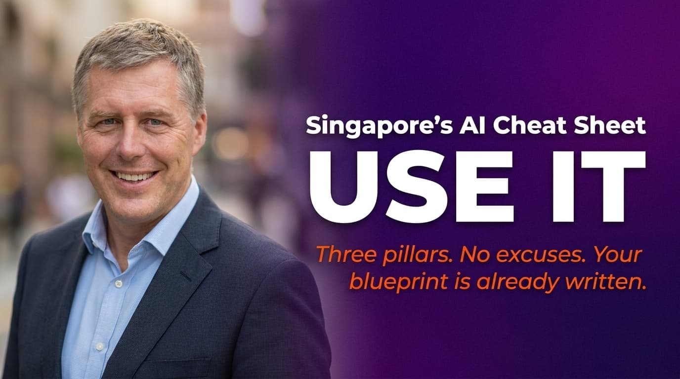 Brett Alegre-Wood against a bold graphic headline about Singapore's national AI strategy blueprint for business owners
