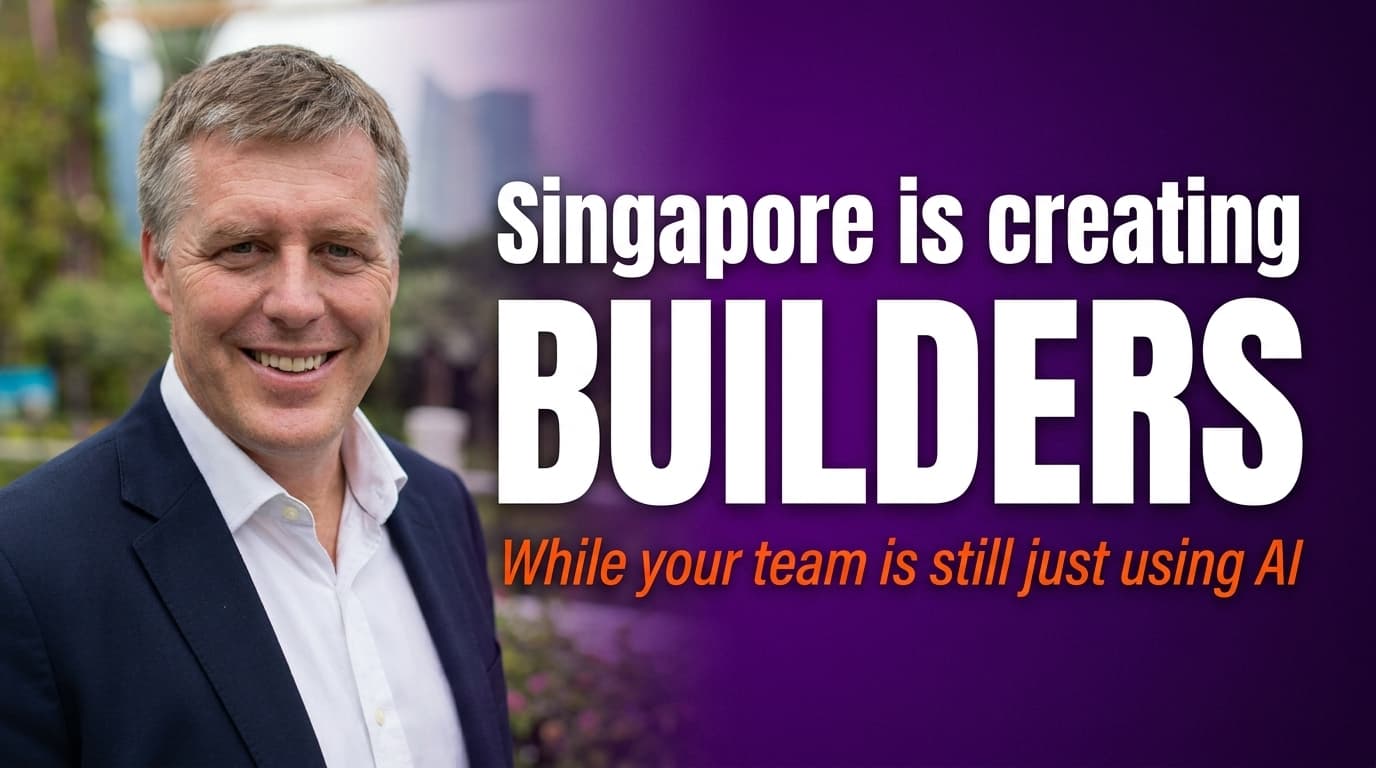 Brett Alegre-Wood against a digital cityscape with text about Singapore building AI builders while most businesses remain stuck as users