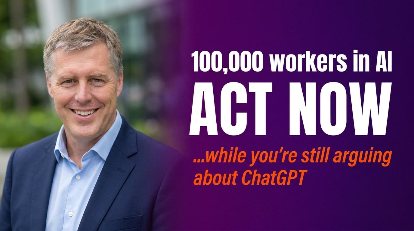 Brett Alegre-Wood against a headline about Singapore training 100,000 workers in AI, contrasting national AI strategies across Singapore, Australia, and the UK
