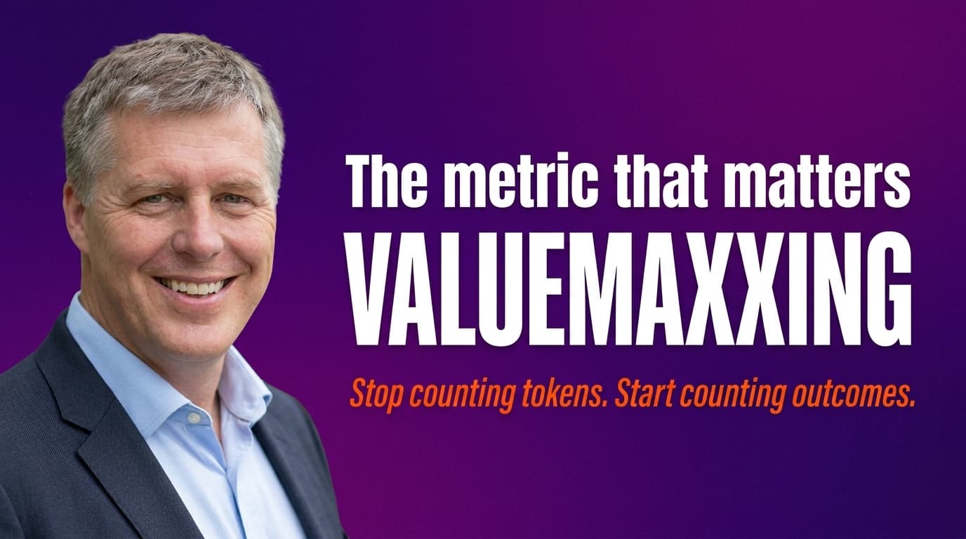 Brett Alegre-Wood beside bold white text reading Valuemaxxing on an Anaboo purple background, illustrating measuring AI by business value rather than by token usage.
