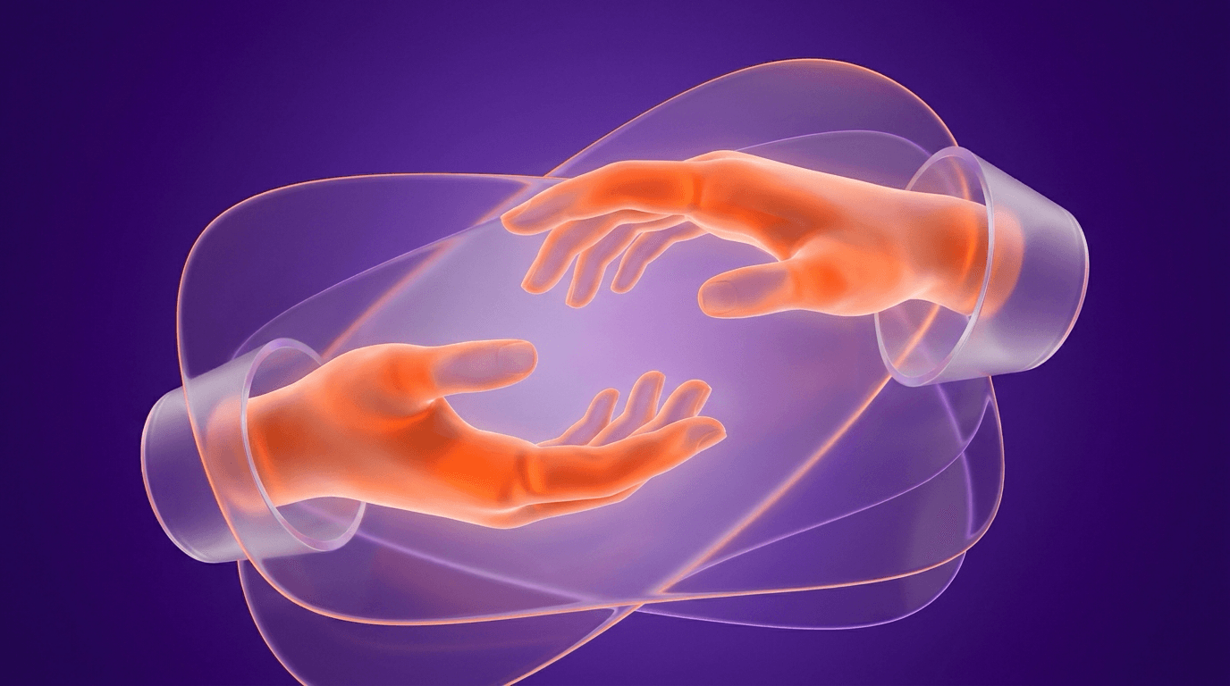 Two hands meeting in an open handshake gesture against a deep purple background, with a soft orange glow suggesting clarity and openness.