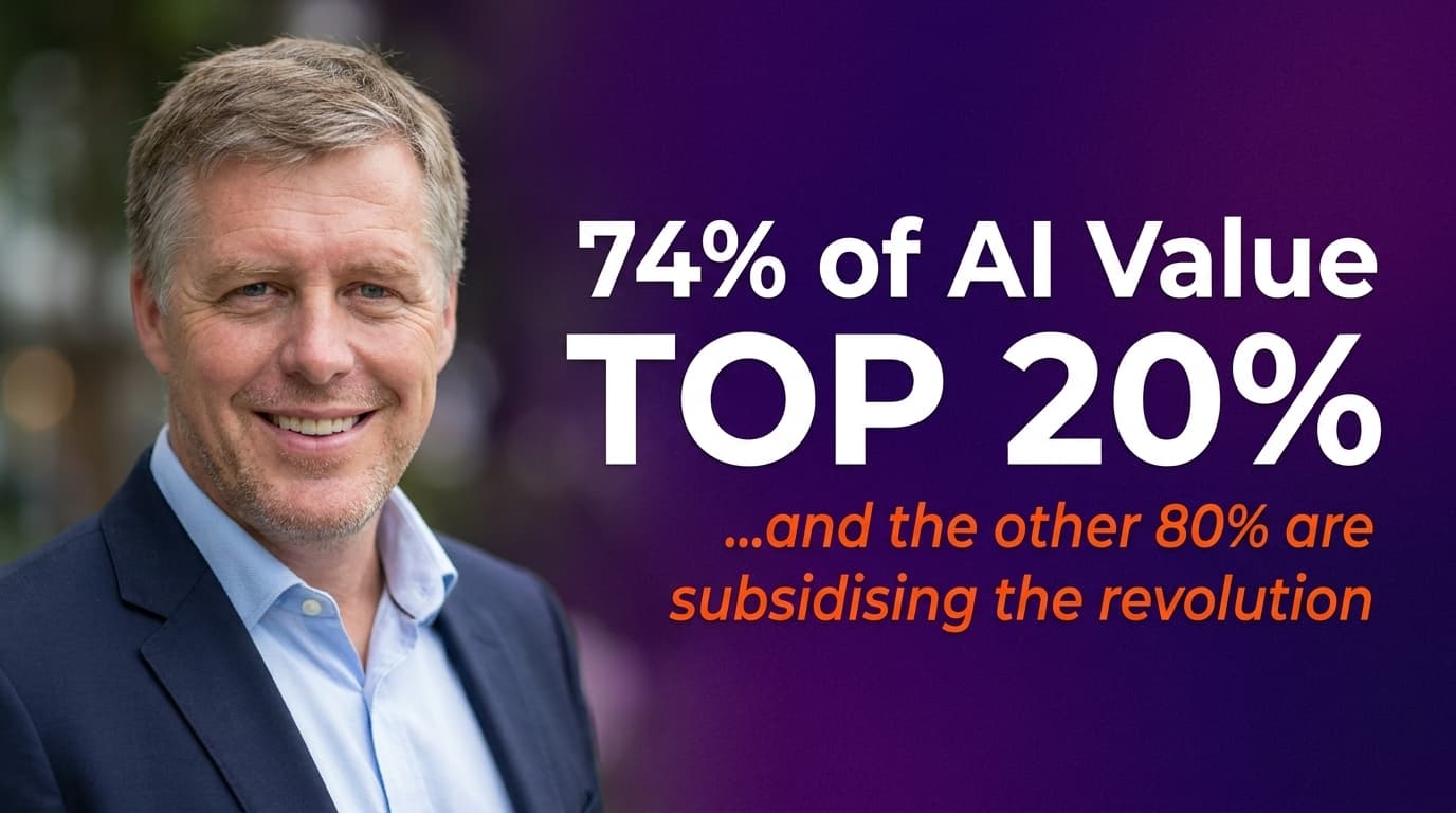 Brett Alegre-Wood beside bold headline stating three-quarters of all AI economic value is captured by just 20% of businesses globally