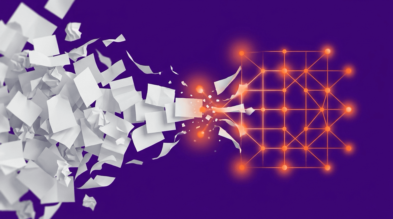Abstract illustration of scattered paper documents flowing into an organised, glowing digital structure in purple and orange