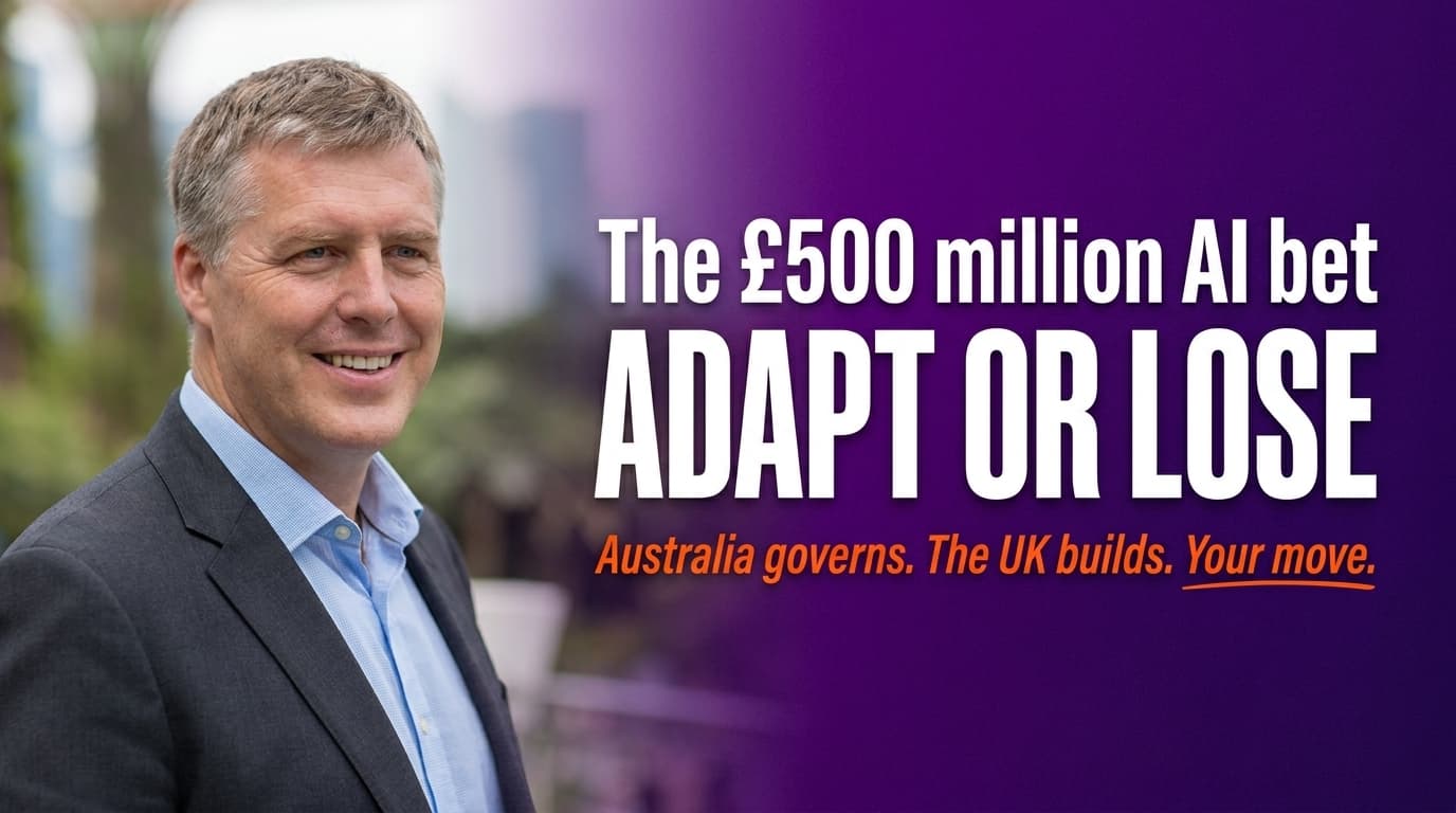 Brett Alegre-Wood with headline text about UK AI sovereign fund versus Australian AI governance and productivity gap