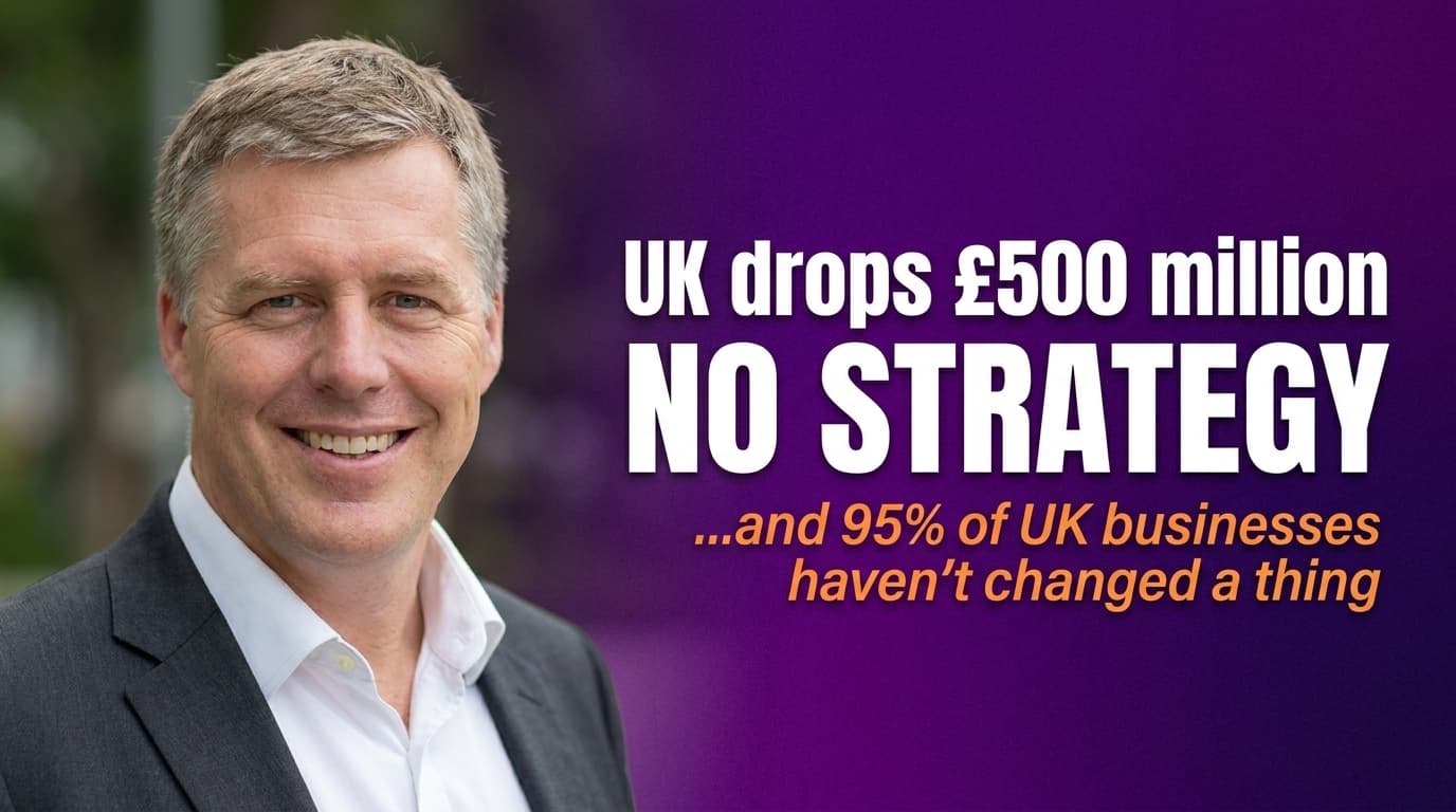 Brett Alegre-Wood against a dark background with headline about the UK's £500 million AI investment and the strategy gap facing UK businesses