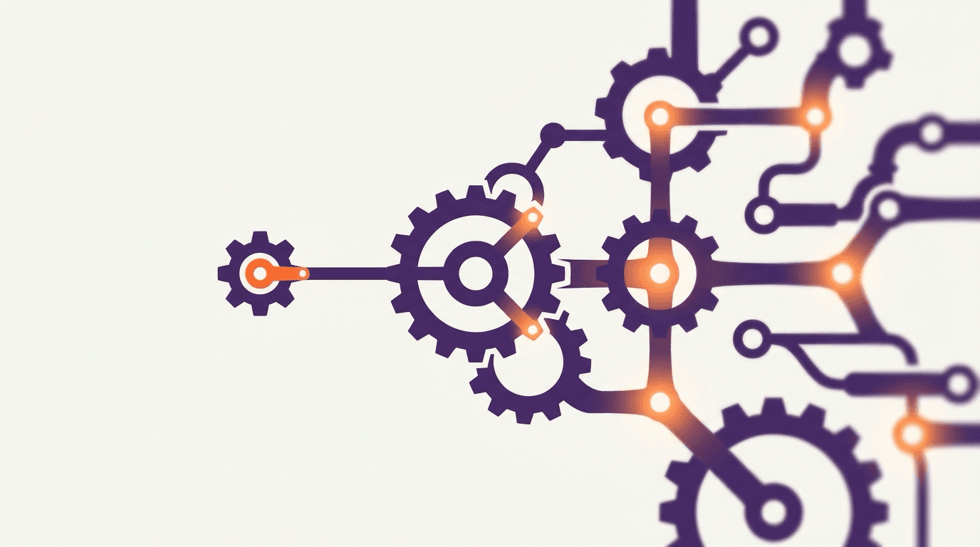 Abstract conceptual illustration of interlocking gears and branching paths in deep purple and bright orange, suggesting a growing system under strain