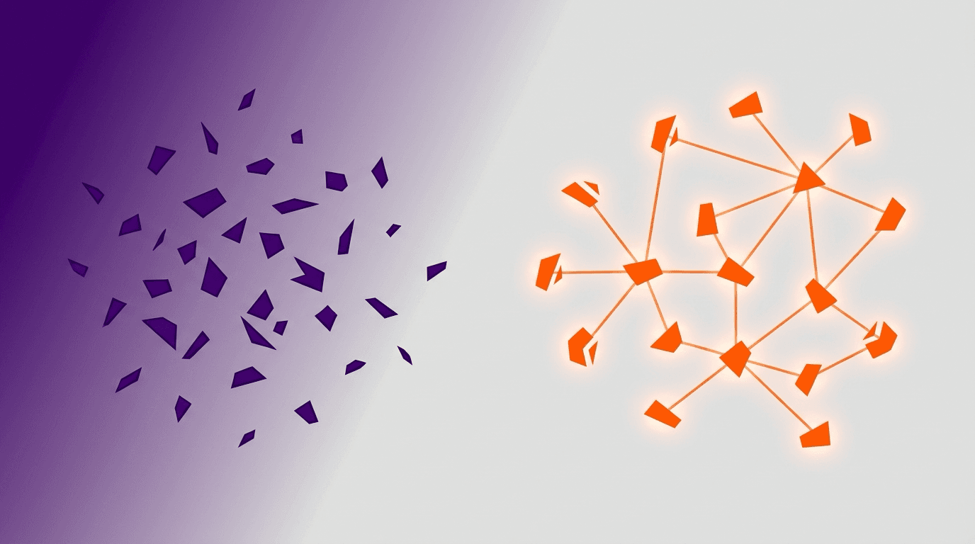 Abstract illustration of scattered data fragments slowly connecting into an organised network, in deep purple and bright orange.