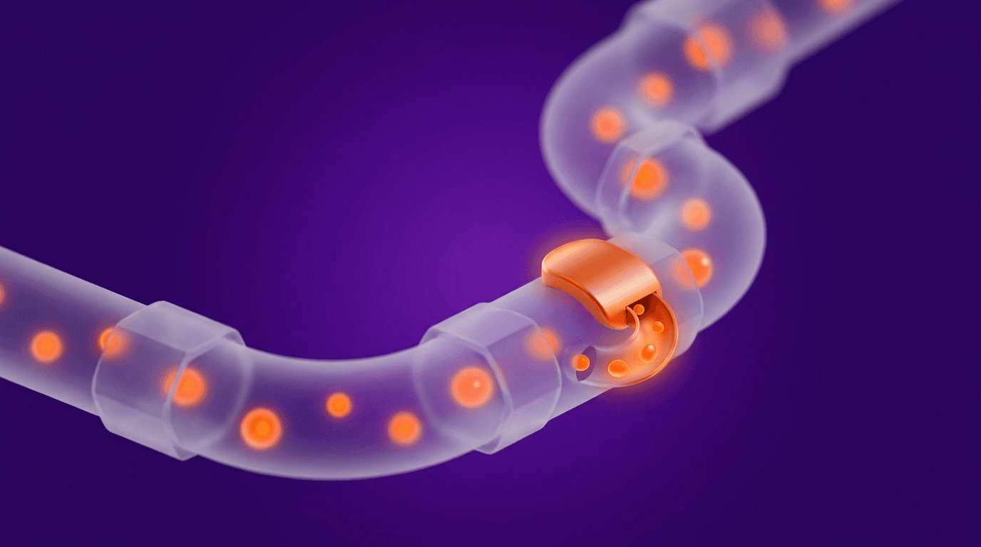 Abstract editorial illustration of a flowing pipeline with a small leak being sealed, rendered in deep purple and bright orange.
